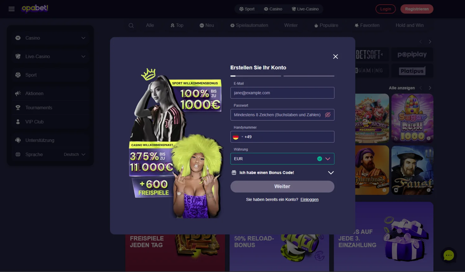 Opabet Casino Registrierung und Login