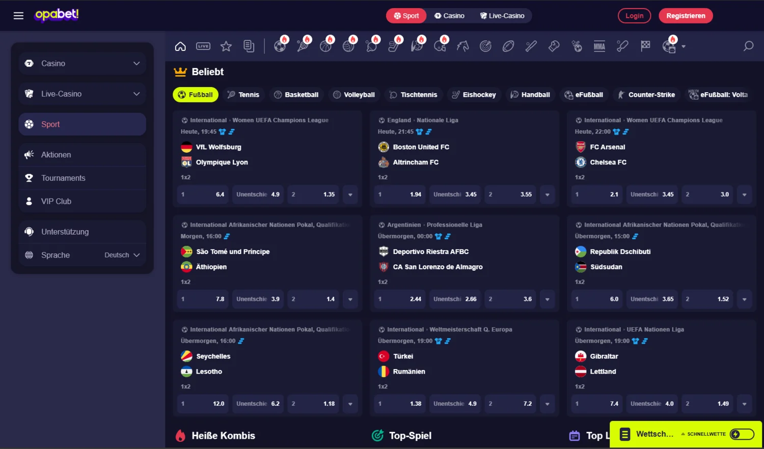 Opabet Casino Sportwetten und eSports